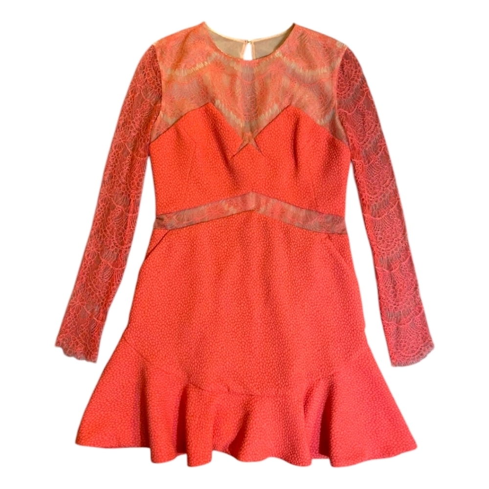 Three Floor Coral Lace Long Sleeve Mini Dress - Picture 2 of 16